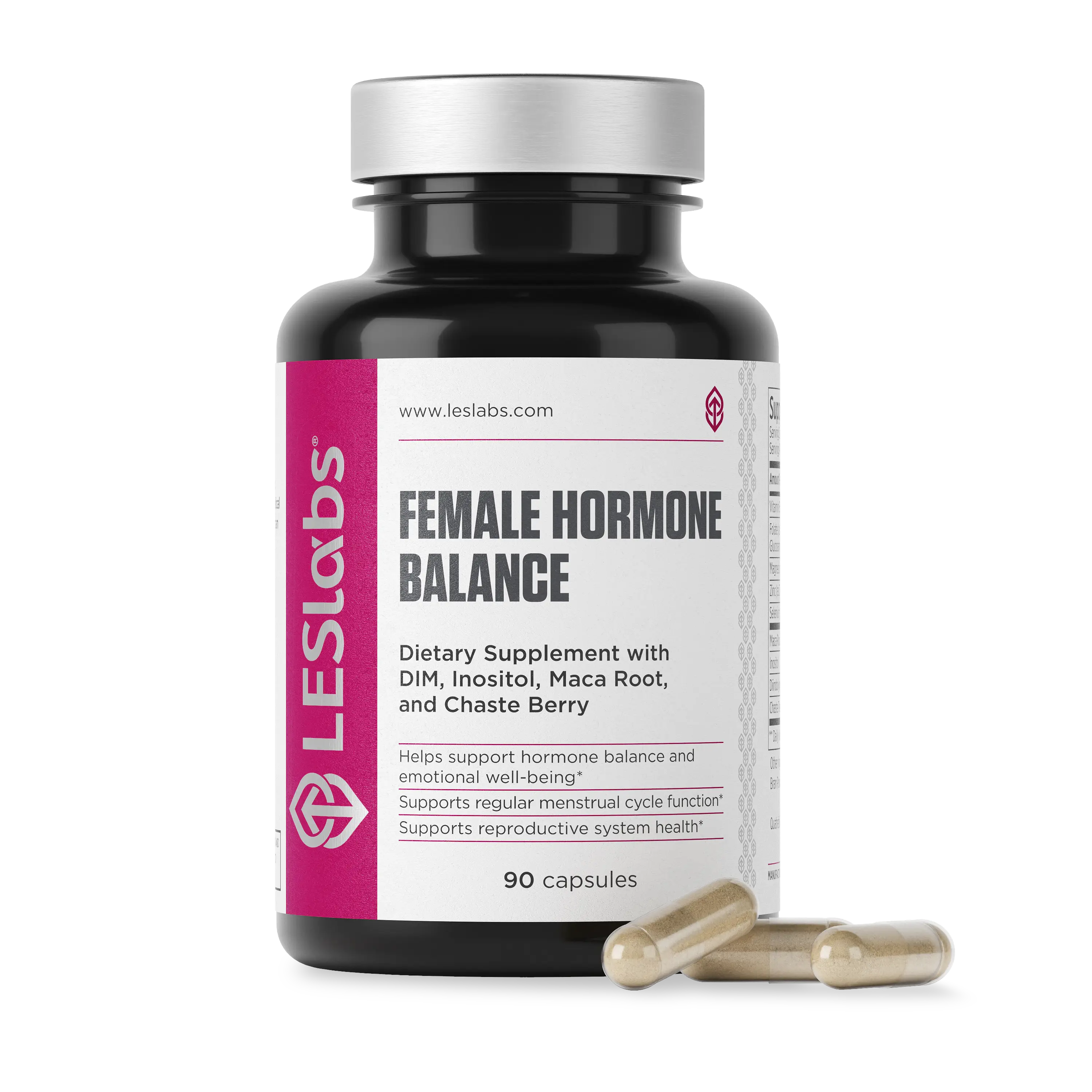 Supplement bottle labeled 'Female Hormone Balance' by LES Labs on a white background