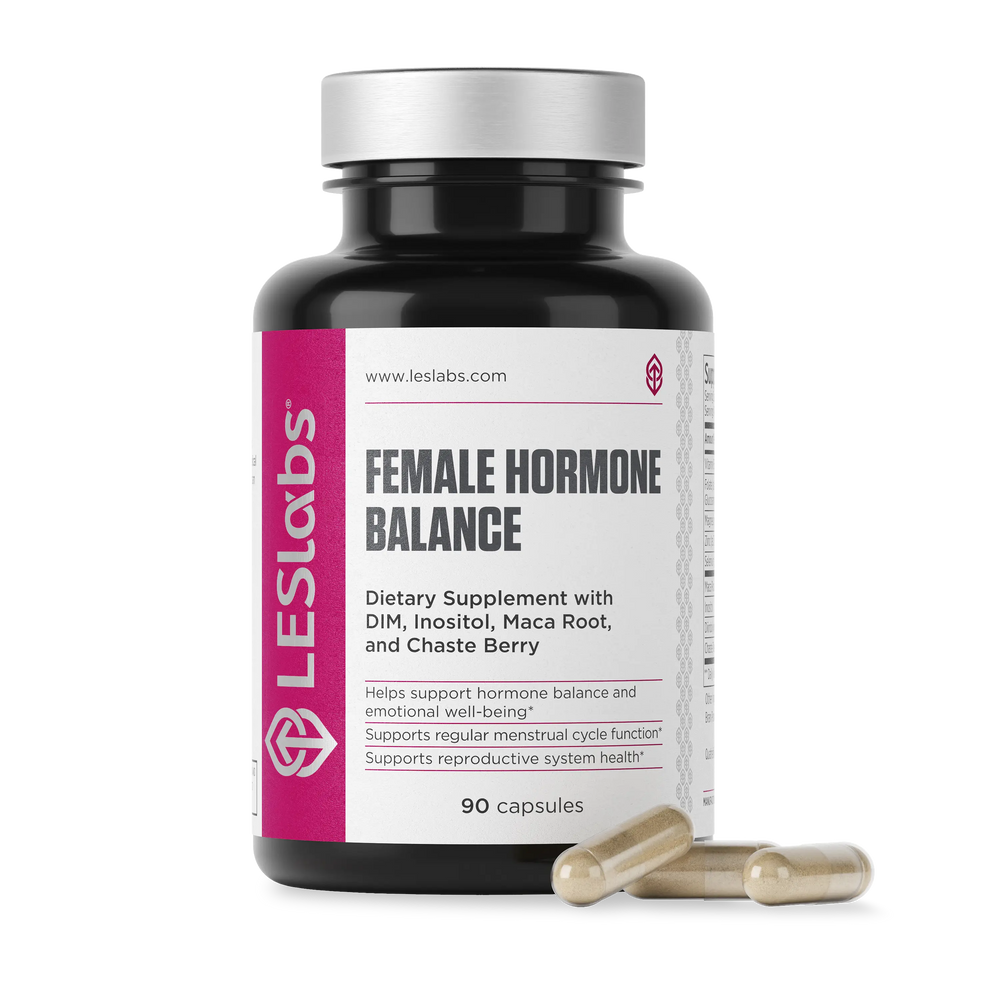 Supplement bottle labeled 'Female Hormone Balance' by LES Labs on a white background