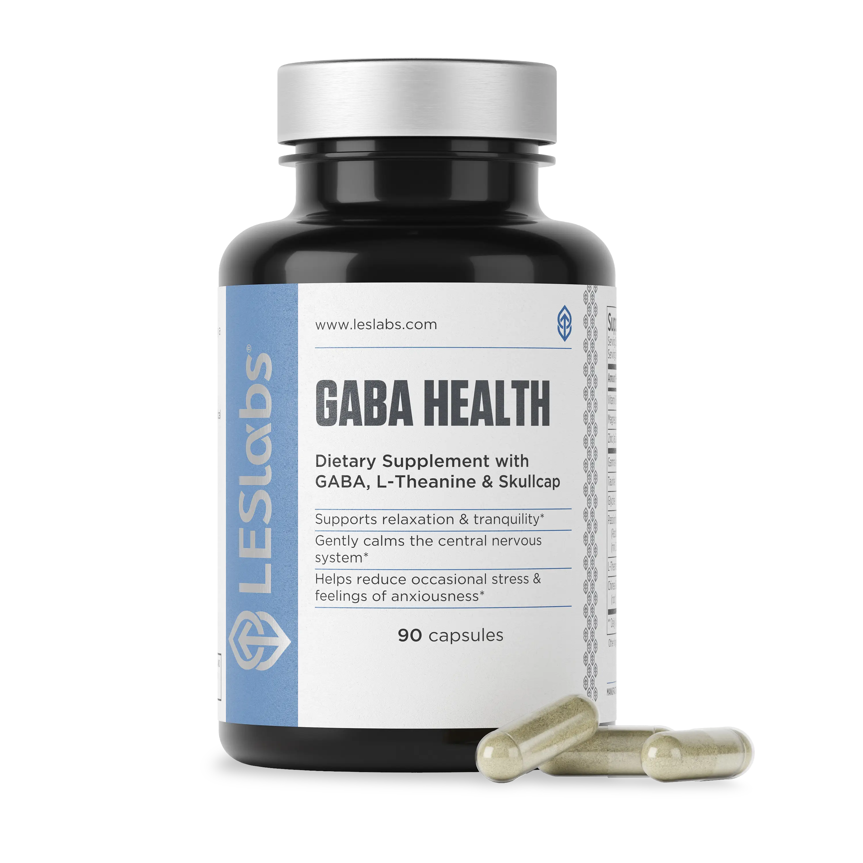 GABA Health clean dietary supplement bottle with capsules on a white background
