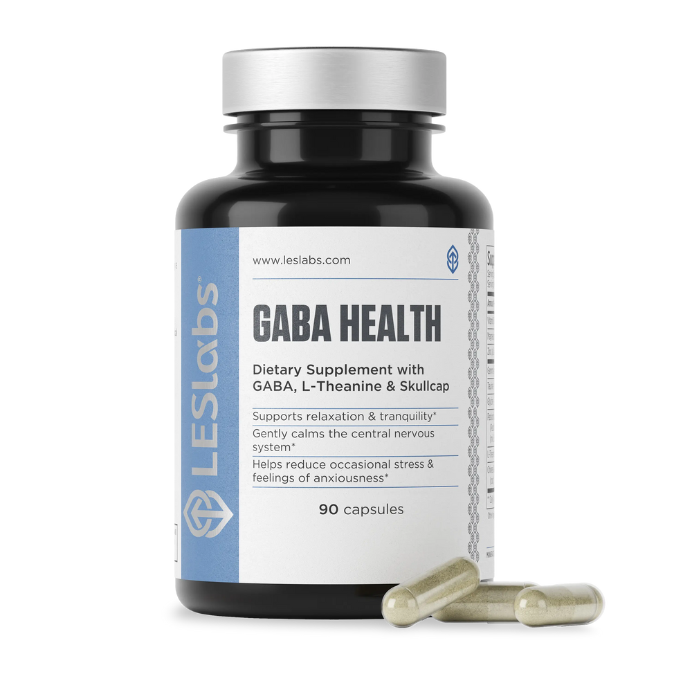 GABA Health clean dietary supplement bottle with capsules on a white background