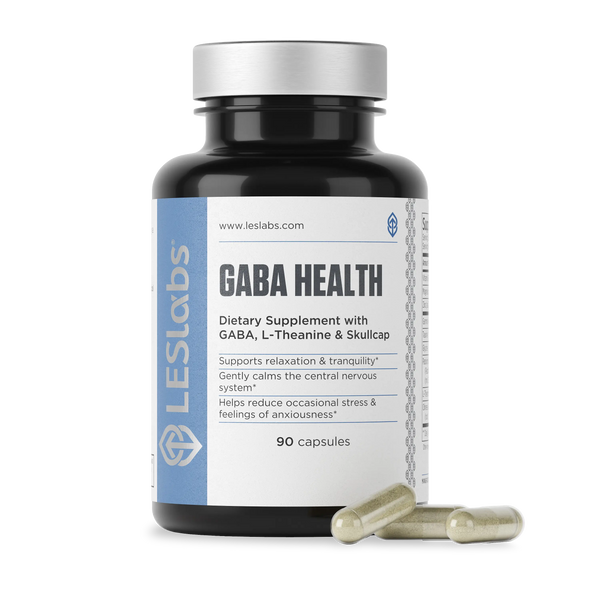 GABA Health clean dietary supplement bottle with capsules on a white background