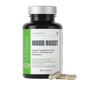 Supplement bottle labeled 'Mood Boost' by LES Labs on a white background