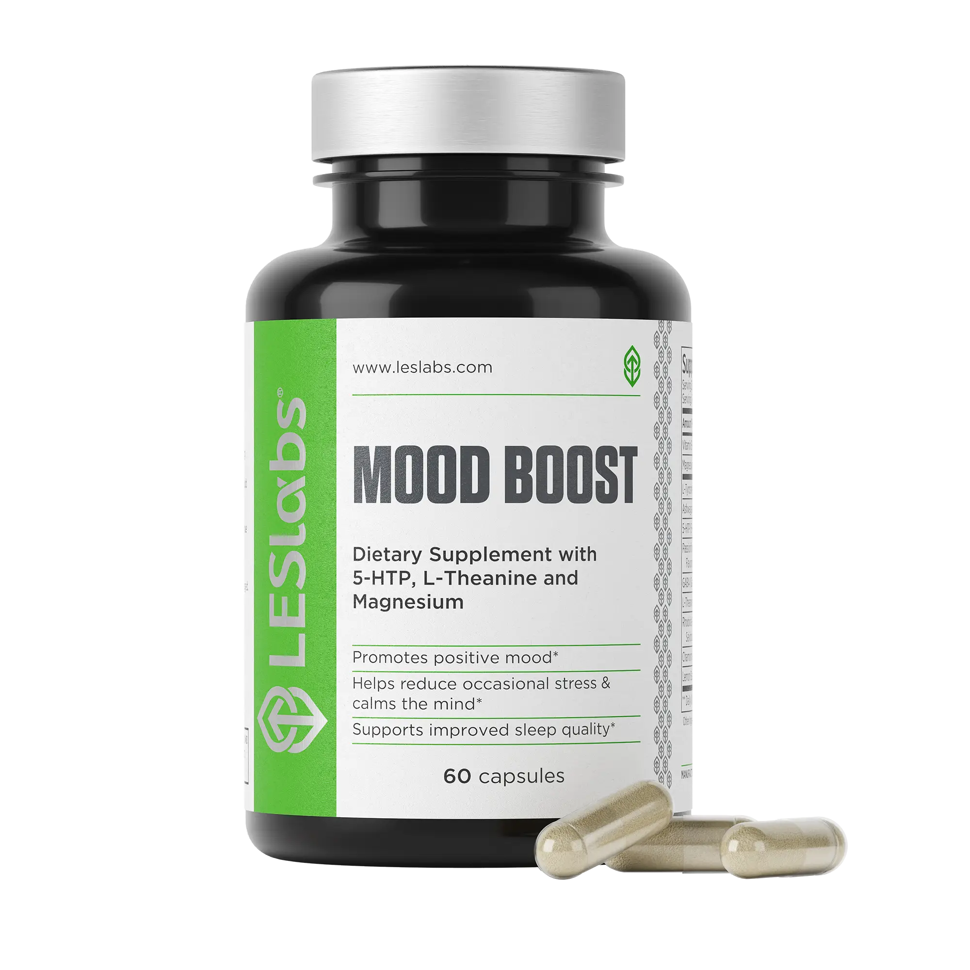 Supplement bottle labeled 'Mood Boost' by LES Labs on a white background
