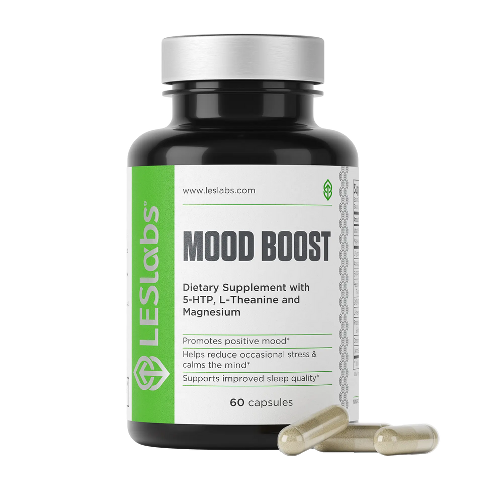 Supplement bottle labeled 'Mood Boost' by LES Labs on a white background
