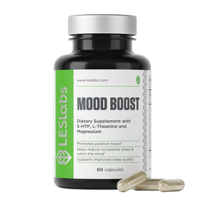 Supplement bottle labeled 'Mood Boost' by LES Labs on a white background