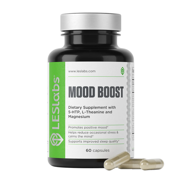 Supplement bottle labeled 'Mood Boost' by LES Labs on a white background