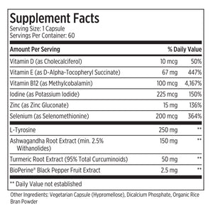 Vegetarian, organic thyroid support supplement with Vitamin D, Vitamin E, Vitamin B12, Iodine, Zinc, Selenium, L-Tyrosine, Ashwagandha Root Extract, Turmeric Root Extract, and BioPerine Black Pepper Fruit Extract.
