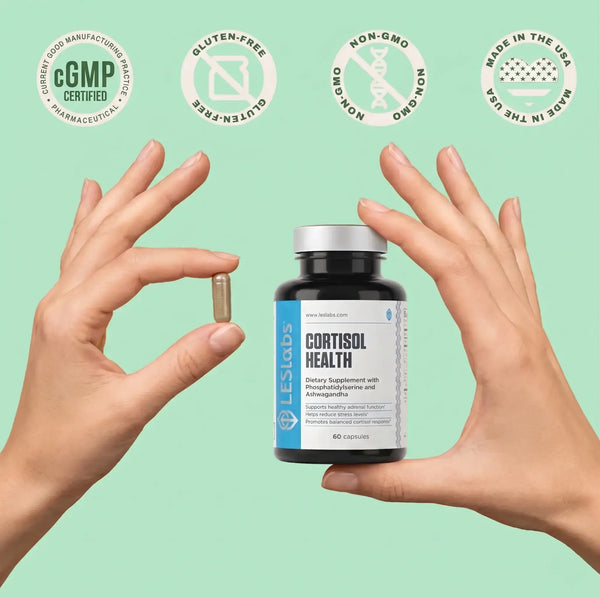 Supplement bottle labeled 'Cortisol Health' held by hands with certification logos on a light green background