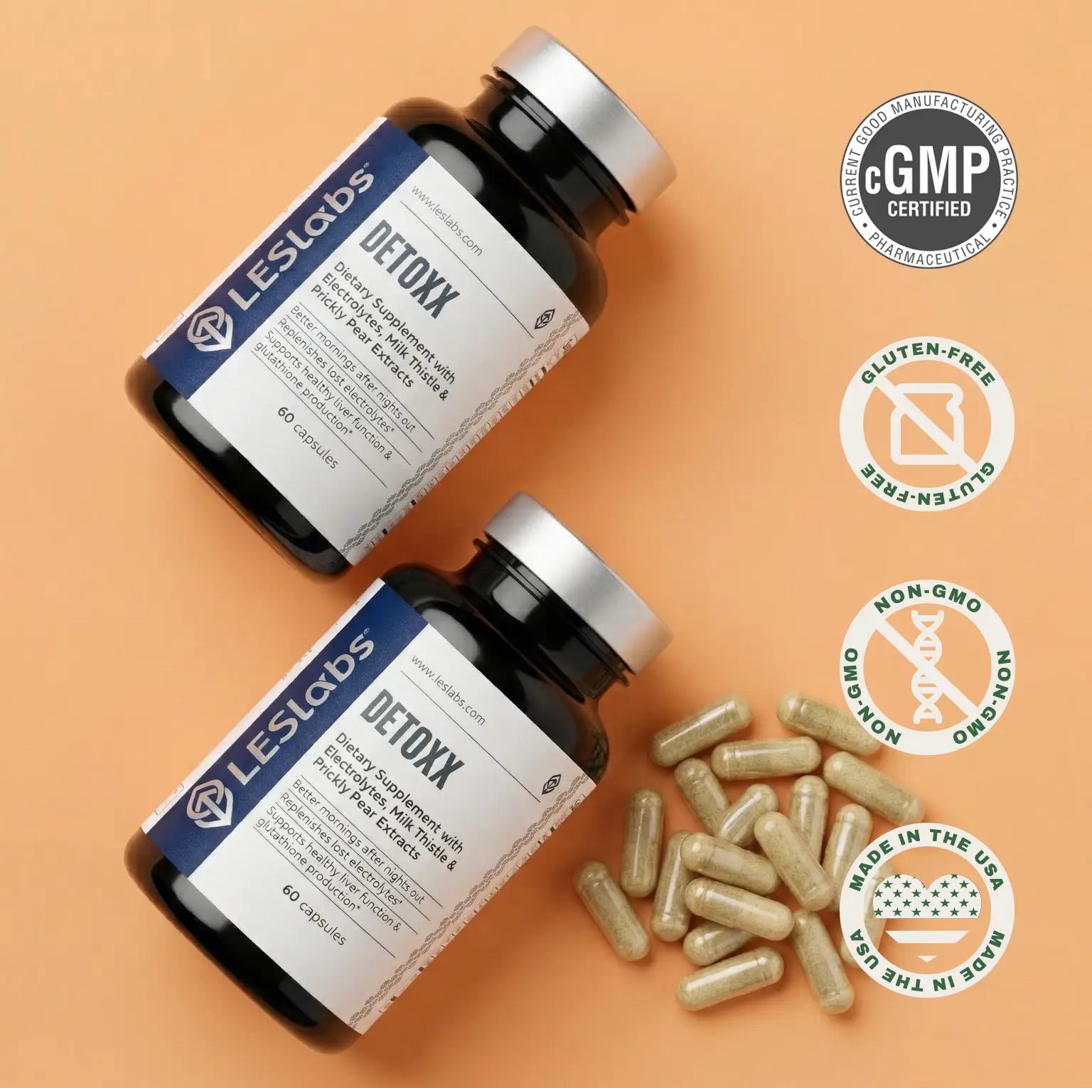 Two bottles of LES Labs Detoxx supplement with capsules on an orange background, featuring certification logos.