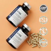 Two bottles of LES Labs Detoxx supplement with capsules on an orange background, featuring certification logos.
