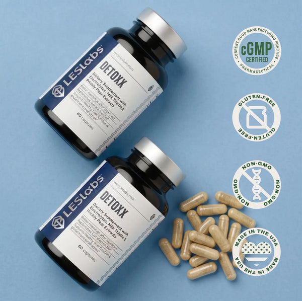 Two bottles of LES Labs Detoxx supplement with capsules on an orange background, featuring certification logos.