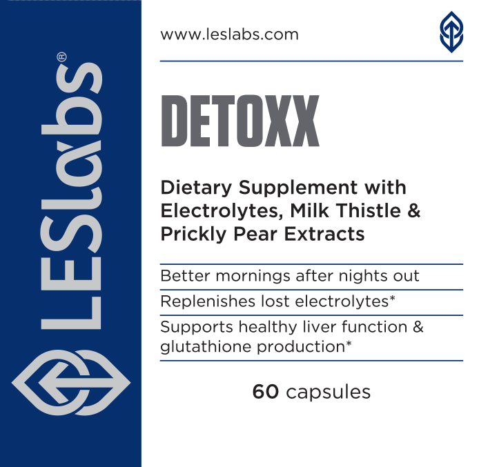 LES Labs Detoxx natural hangover supplement packaging with blue and white design.