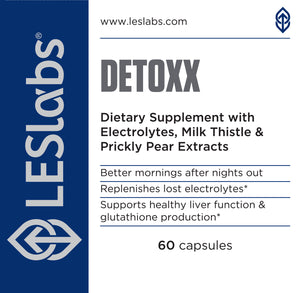 LES Labs Detoxx natural hangover supplement packaging with blue and white design.