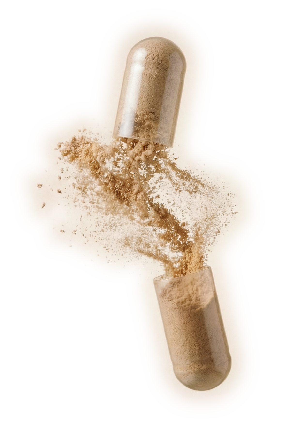 Two capsules with a powdery substance spilling out on a white background