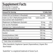 Vegetarian, organic female hormone balance supplement with Vitamin B6, Folate, Glucosamine, Magnesium, Zinc, and Selenium.