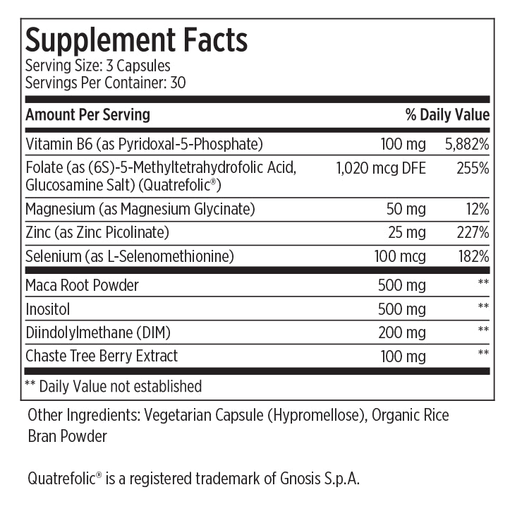 Vegetarian, organic female hormone balance supplement with Vitamin B6, Folate, Glucosamine, Magnesium, Zinc, and Selenium.