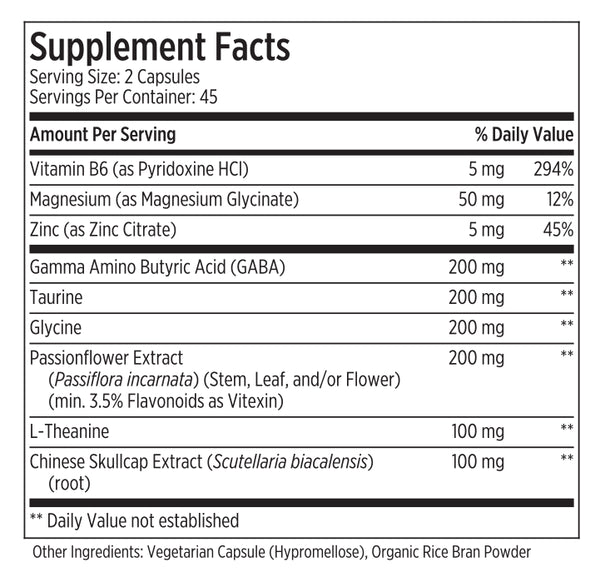 Vegetarian, organic gaba health supplement with Vitamin B6, Magnesium, Zinc, Taurine, Glycine, Gamma Amino Butyric Acid, and L-Theanine.