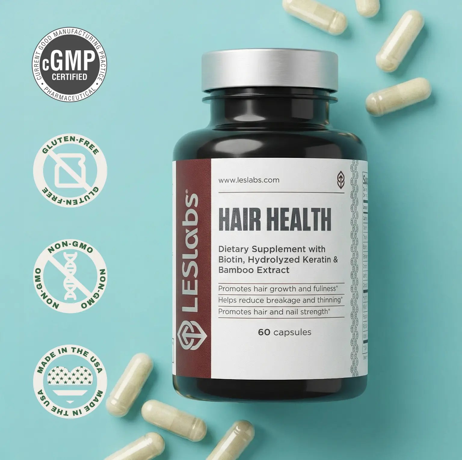 Hair supplement bottle labeled 'Hair Health' by LES Labs with capsules on a light blue background