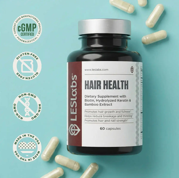 Hair supplement bottle labeled 'Hair Health' by LES Labs with capsules on a light blue background