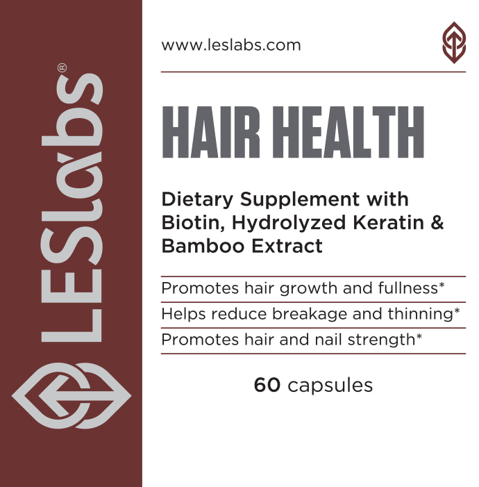 LES Labs hair health supplement packaging with text and branding.