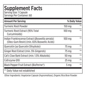 Vegetarian, organic inflammatory health supplement with Turmeric, Quercetin, Ginger Root, Cats Claw, CoEnzyme Q10, and Black Pepper Extract.
