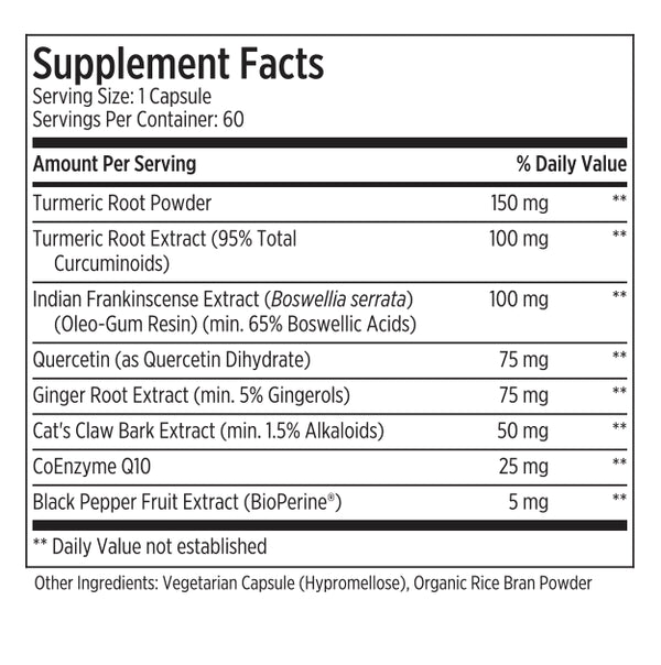 Vegetarian, organic inflammatory health supplement with Turmeric, Quercetin, Ginger Root, Cats Claw, CoEnzyme Q10, and Black Pepper Extract.