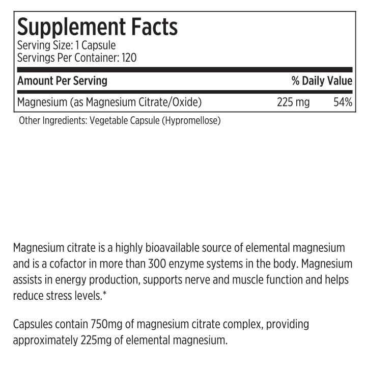 Magnesium citrate supplement for energy production, nerve and muscle function and reduced stress levels.