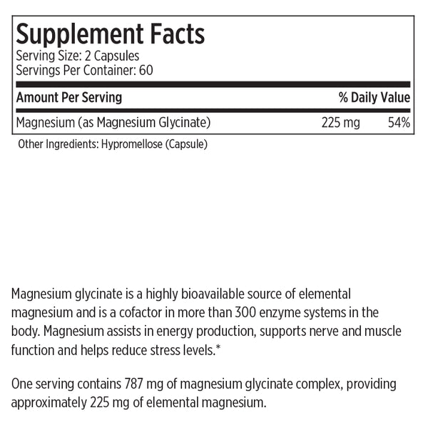 Magnesium glycinate supplement for energy production, nerve and muscle function, and reducing stress.