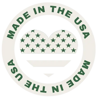 Circular logo with 'Made in the USA' text and a heart design on a white background