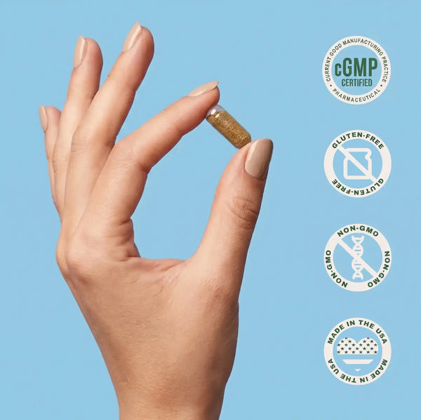 Hand holding a thyroid support supplement capsule with certification logos on a blue background